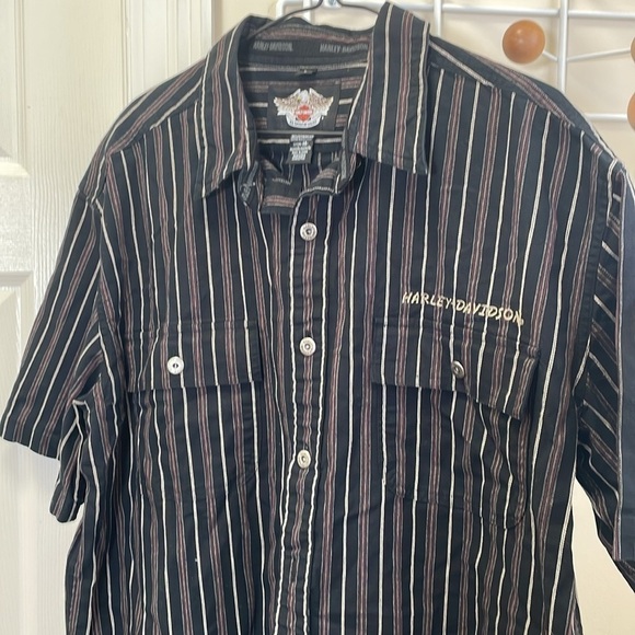 Harley-Davidson - Y2K Vertical Striped Short Sleeve Button Down - Black - L - Picture 2 of 10